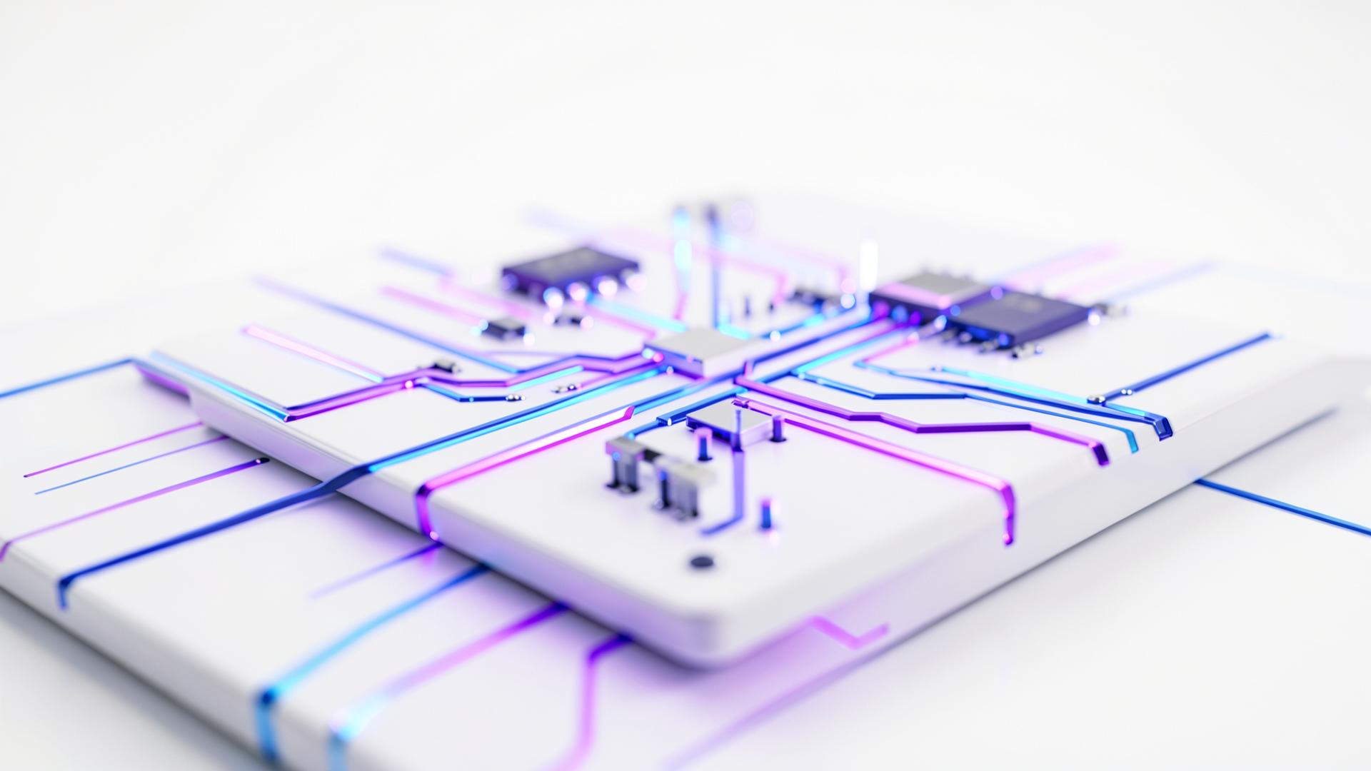 Glowing purple and blue circuitry across a clean white circuit board